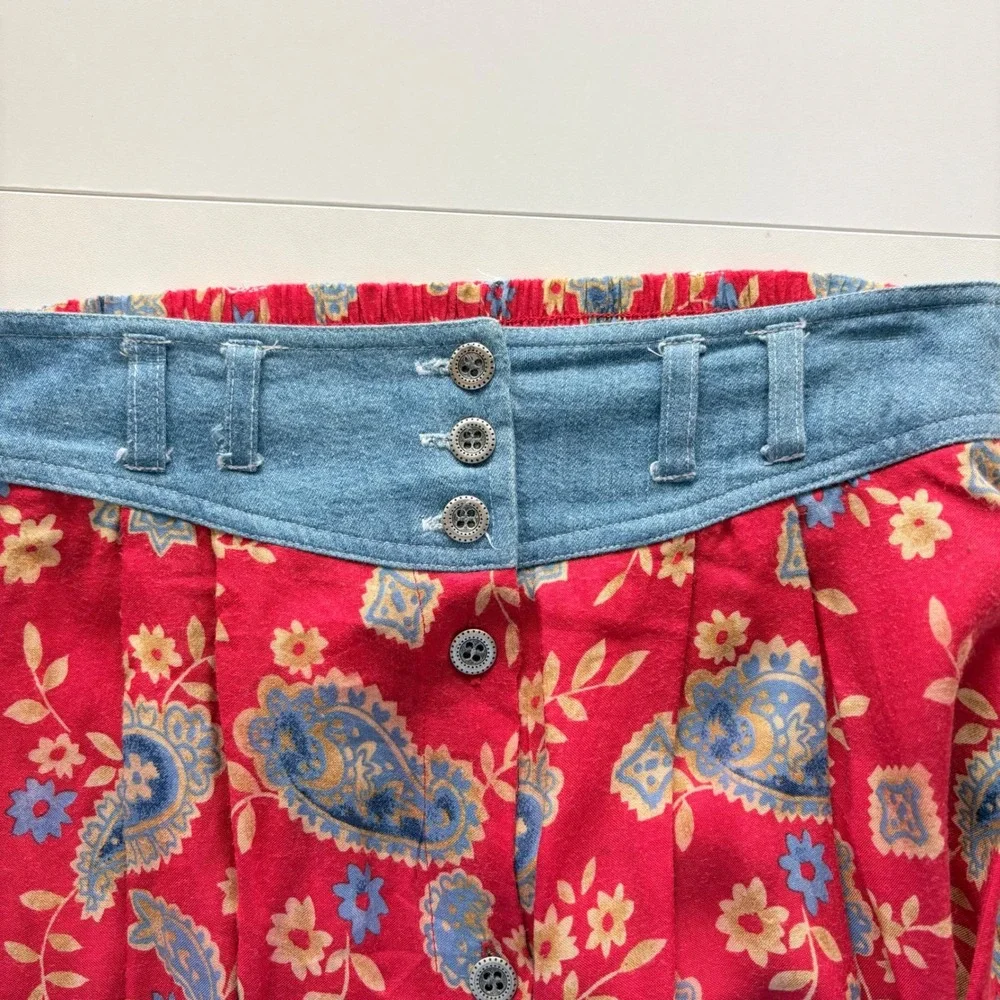 New Look NL Maxi Skirt Women Small Red Paisley Button‎ Front Boho Chambray Waist